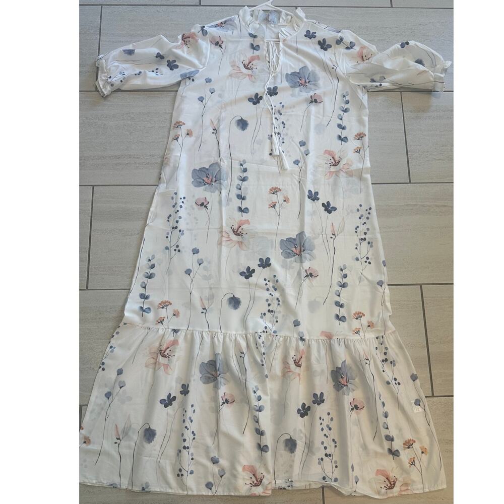 Women's White Floral Mini Dress with Blue and Pink Blossoms